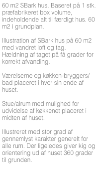 60 m2 SBark hus. Baseret på 1 stk. præfabrikeret box volume, indeholdende alt til færdigt hus. 60 m2 i grundplan.

Illustration af SBark hus på 60 m2 med vandret loft og tag. 
Hældning af taget på få grader for korrekt afvanding.

Værelserne og køkken-bryggers/bad placeret i hver sin ende af huset. 

Stue/alrum med mulighed for udvidelse af køkkenet placeret i midten af huset.

Illustreret med stor grad af gennemlyst karakter generelt for alle rum. Der ligeledes giver kig og orientering ud af huset 360 grader til grunden.


